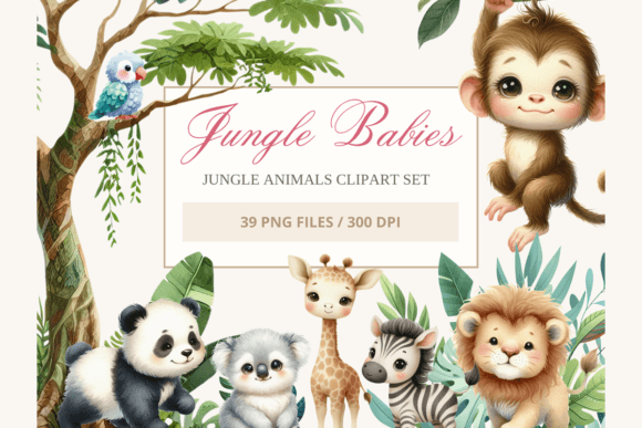 Baby Jungle Animals Clipart Watercolor: Graphics & Illustrations