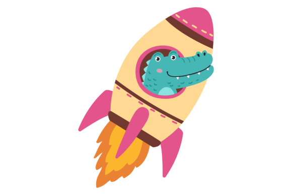 Crocodile in Space Rocket Graphics & Illustrations