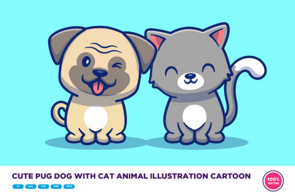 Cute Pug Dog and Cat Animal Illustration: Graphics & Illustrations