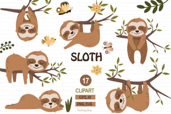 Cute Sloth Clipart Animal Set: Graphics & Illustrations for Warm, Playful Branding